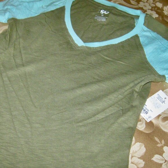 NEW KOHL'S TWO COLOR COTTON KNIT TOP (GREEN & AQUA) SIZE MEDIUM - Picture 5 of 7